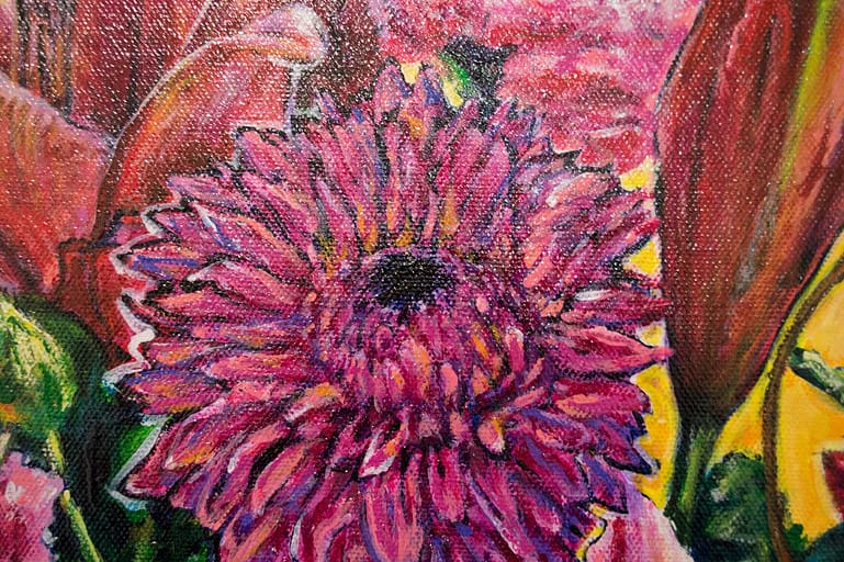 Detail: Flowers, mixed media, "A Mosaic of Ash"